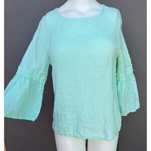 Francesca Betini Linen Blouse S Mint Green Eyelet Bell Sleeve Boho Coastal Top